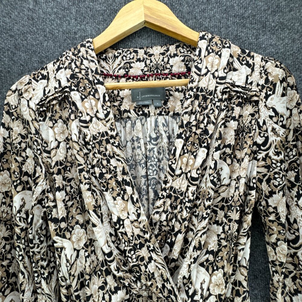 **SOLD**By Anthropologie Blouse Top Womens Small Black Tan Tie Waist Boho - Picture 2 of 13
